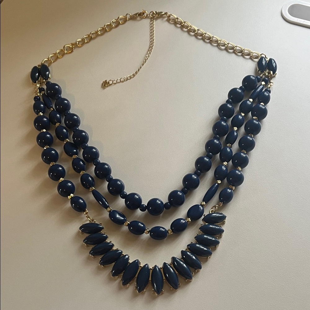 3 for $15 Navy Beaded Statement Necklace with Gold Chain